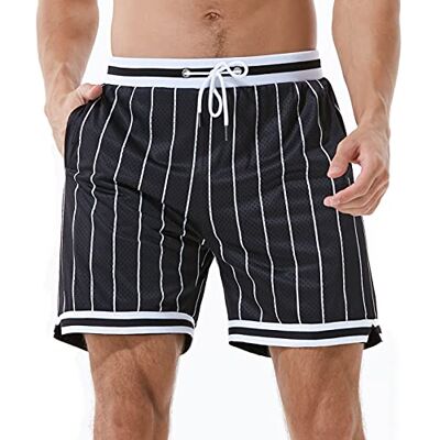 HEALONG Basket atletiska shorts män – nät gym sport träning dragsko retro casual mode kort med fickor, Svarta ränder, M HEALONG Basket atletiska shorts män – nät gym sport träning dragsko retro casual mode kort med fickor, Svarta ränder, M