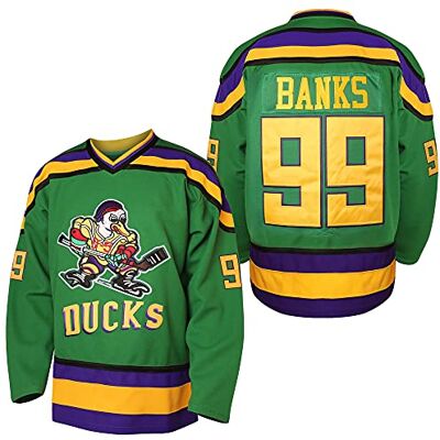 EETUG Mighty Ducks Jersey #96 Charlie Conway #99 Adam Banks #33 Greg Goldberg #66 Gordon Bombay Movie Hockey Jersey White Green (99 Green, Large) EETUG Mighty Ducks Jersey #96 Charlie Conway #99 Adam Banks #33 Greg Goldberg #66 Gordon Bombay Movie Hockey Jersey White Green (99 Green, Large)