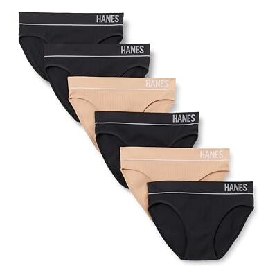 Hanes Women's Originals Seamless Stretch Rib Bikini Panties Pack, Assorted Colors, 6-Pack, 4 Black/2 Deep Glow Hanes Women's Originals Seamless Stretch Rib Bikini Panties Pack, Assorted Colors, 6-Pack, 4 Black/2 Deep Glow