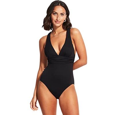 Seafolly Women's Standard Deep V Wide Strap One Piece Swimsuit, Eco Collective Black, 6 Seafolly Women's Standard Deep V Wide Strap One Piece Swimsuit, Eco Collective Black, 6