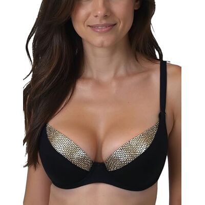 VIVISENCE Bikini-bh med vadderade kupor och bygel, justerbara remmar, ryggstängning, glänsande metallisk design, formande idealisk för strand och pool, Svart och guld, 85H VIVISENCE Bikini-bh med vadderade kupor och bygel, justerbara remmar, ryggstängning, glänsande metallisk design, formande idealisk för strand och pool, Svart och guld, 85H