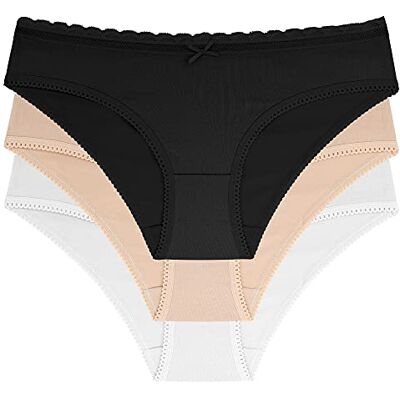 DORINA 3-pack hipstertrosor för kvinnor, Naomi mjuk bomull med spetskant i midjan, heltäckta underkläder, elfenben, beige och svart, Svart/rosa/blå/naken/vit, 3XL DORINA 3-pack hipstertrosor för kvinnor, Naomi mjuk bomull med spetskant i midjan, heltäckta underkläder, elfenben, beige och svart, Svart/rosa/blå/naken/vit, 3XL
