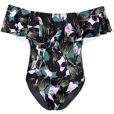 Aquafeel Badtåg för kvinnor med Carmen-urringning och blommönster, svart Aquafeel Badtåg för kvinnor med Carmen-urringning och blommönster, svart
