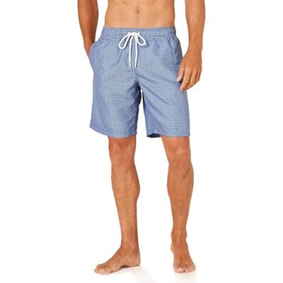 Amazon Essentials Herr Badshorts med Nätinnerbyxa, 23cm Benlängd med Fickor och Dragsko, Blått geometriskt tryck, L Amazon Essentials Herr Badshorts med Nätinnerbyxa, 23cm Benlängd med Fickor och Dragsko, Blått geometriskt tryck, L