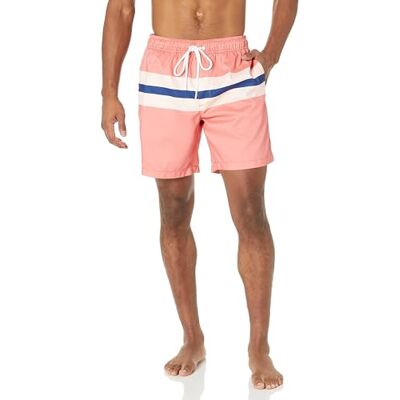 Amazon Essentials Men's Snabbtorkande badtröja 18 cm (7 tum), Blå Korallrosa Rand, S Amazon Essentials Men's Snabbtorkande badtröja 18 cm (7 tum), Blå Korallrosa Rand, S