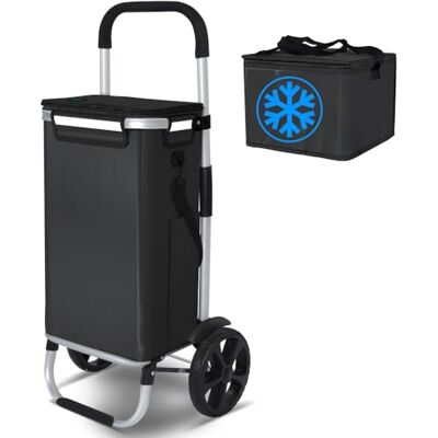 VOUNOT 2-hjulig shoppingvagn i aluminium med vattentätt fack vikbar 3-i-1 racingvagn med individuell isolerad väska, svart 50 L VOUNOT 2-hjulig shoppingvagn i aluminium med vattentätt fack vikbar 3-i-1 racingvagn med individuell isolerad väska, svart 50 L