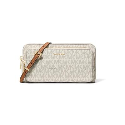 Michael Kors Stor Crossbody plånbok, Jet Set Stor kontinental kors plånbok, guldbeslag/Twill belagd MK Signature/vanilj/ekollon, 10 liter Michael Kors Stor Crossbody plånbok, Jet Set Stor kontinental kors plånbok, guldbeslag/Twill belagd MK Signature/vanilj/ekollon, 10 liter