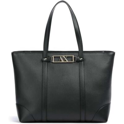 Giorgio Armani Polly, guldlogotyp för kvinnor, axelrem shoppingväska, svart Giorgio Armani Polly, guldlogotyp för kvinnor, axelrem shoppingväska, svart