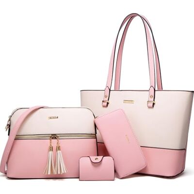 Lovematch Dam mode syntetiskt läder handväskor tygväska axelväska topphandtag skolväska handväska set 4 st, Rosa, beige, Large Lovematch Dam mode syntetiskt läder handväskor tygväska axelväska topphandtag skolväska handväska set 4 st, Rosa, beige, Large