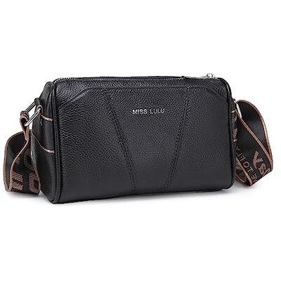 Miss Lulu Crossbody Bag dam axelväska med bred rem äkta läder med avtagbar axelrem för resor shopping, svart Miss Lulu Crossbody Bag dam axelväska med bred rem äkta läder med avtagbar axelrem för resor shopping, svart