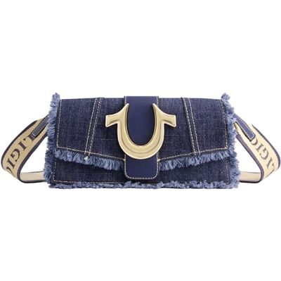 True Religion kvinnors axelväska handväska, sliten denim mini flap crossbody handväska med hästsko logotyp, denim True Religion kvinnors axelväska handväska, sliten denim mini flap crossbody handväska med hästsko logotyp, denim