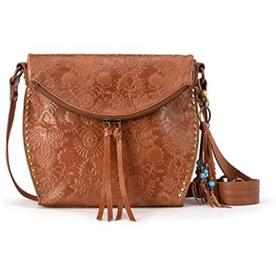 The Sak Dam Silverlake crossbody väska i läder, vardaglig handväska med justerbar rem och blixtlåsfickor, tobak blommig präglad Ii, en storlek The Sak Dam Silverlake crossbody väska i läder, vardaglig handväska med justerbar rem och blixtlåsfickor, tobak blommig präglad Ii, en storlek