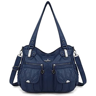 Angelkiss Handväska för dam, stor dubbel dragkedja, flera fickor, tvättat läder, 14" W X 12" H X 5" D Angelkiss Handväska för dam, stor dubbel dragkedja, flera fickor, tvättat läder, 14" W X 12" H X 5" D