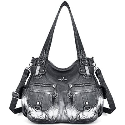 Kiss Handväskor och handväskor kvinnor bärkasse axel topphandtag skolväska hobo-väskor mode tvättad läderhandväska, 2-tie-färgad grå, 14" W X 12" H X 5" D Kiss Handväskor och handväskor kvinnor bärkasse axel topphandtag skolväska hobo-väskor mode tvättad läderhandväska, 2-tie-färgad grå, 14" W X 12" H X 5" D