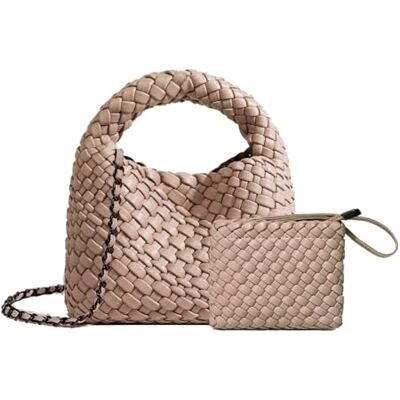 JINMANXUE Mode handväska för kvinnor vävd tygväska hink kompositväska stickning kedja väska kvinna crossbody axelväska shoppingväskor, Khaki JINMANXUE Mode handväska för kvinnor vävd tygväska hink kompositväska stickning kedja väska kvinna crossbody axelväska shoppingväskor, Khaki