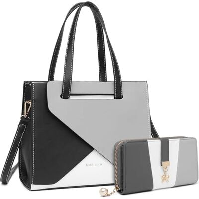 Miss Lulu modehandväska för kvinnor axelväska med justerbar rem topphandtag väska färg sömnad design, Grå väska+grå&vit handväska Miss Lulu modehandväska för kvinnor axelväska med justerbar rem topphandtag väska färg sömnad design, Grå väska+grå&vit handväska