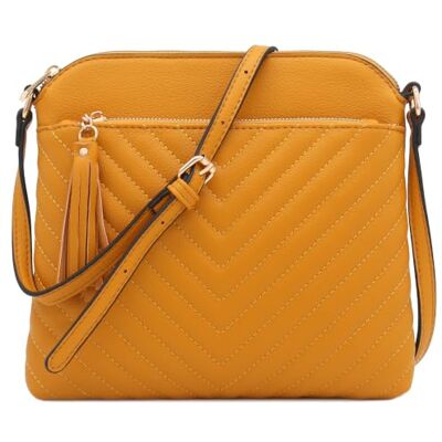 FashionPuzzle Chevron Quilted Medium Crossbody Bag with Tassel Accent (Mustard) FashionPuzzle Chevron Quilted Medium Crossbody Bag with Tassel Accent (Mustard)