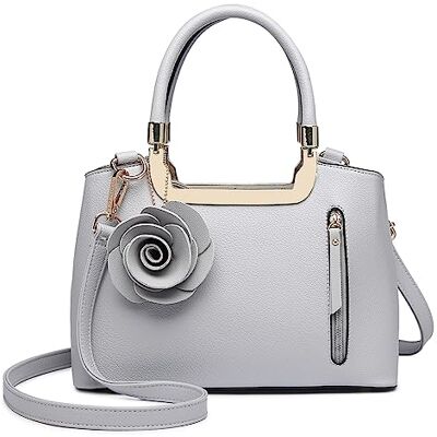 Miss Lulu kvinnor elegant väska med topphandtag liten trend axelväska PU-läder blomma berlock strukturerad handväska crossbody väska, Grå, M, Cross-Body Väskor Miss Lulu kvinnor elegant väska med topphandtag liten trend axelväska PU-läder blomma berlock strukturerad handväska crossbody väska, Grå, M, Cross-Body Väskor