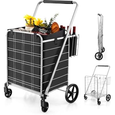 FANTASK FANASK Shoppingvagn vikbar med avtagbar Oxford-väska och 2 korgar, silver handvagn på hjul, silver kundvagn handvagn 150 kg lastbar, rullvagn universalvagn FANTASK FANASK Shoppingvagn vikbar med avtagbar Oxford-väska och 2 korgar, silver handvagn på hjul, silver kundvagn handvagn 150 kg lastbar, rullvagn universalvagn