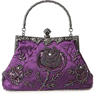 DA BODAN vintage blommiga pärlor strass broderi clutch paljetter bröllop fest avslutningsbal väska brud damer crossbody kväll handväska, lila, 22cm*21cm DA BODAN vintage blommiga pärlor strass broderi clutch paljetter bröllop fest avslutningsbal väska brud damer crossbody kväll handväska, lila, 22cm*21cm