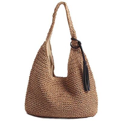 QTKJ Handvävd mjuk stor halm axelväska med svarta tofsar, boho halm handtag, retro sommar strandväska, rotting handväska QTKJ Handvävd mjuk stor halm axelväska med svarta tofsar, boho halm handtag, retro sommar strandväska, rotting handväska