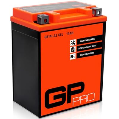GP-PRO Gelbatteri GB14L-A2 12 V 14 Ah Scooterbatteri Motorcykelbatteri 210 A, underhållsfri förseglad förladdad, pluspol höger, 134 mm x 89 mm x 166 mm, liknande YB14L-A2, CB14L-A2, YB12AL-A2 GP-PRO Gelbatteri GB14L-A2 12 V 14 Ah Scooterbatteri Motorcykelbatteri 210 A, underhållsfri förseglad förladdad, pluspol höger, 134 mm x 89 mm x 166 mm, liknande YB14L-A2, CB14L-A2, YB12AL-A2