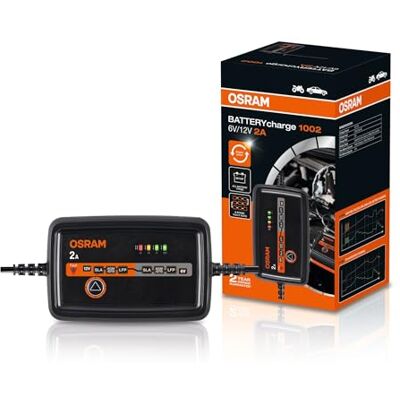 OSRAM BATTERYcharge 1002, 6V/12V, intelligent 2A laddare, för motorcyklar och mindre fordon, för AGM-, EFB-, bly- och litiumbatterier, med underhållsläge OSRAM BATTERYcharge 1002, 6V/12V, intelligent 2A laddare, för motorcyklar och mindre fordon, för AGM-, EFB-, bly- och litiumbatterier, med underhållsläge