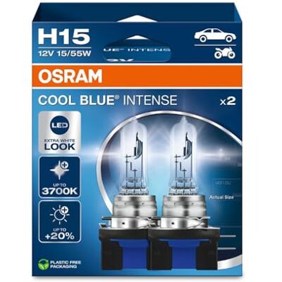 OSRAM COOL BLUE INTENSE H15, +20% mer ljusstyrka, upp till 3 700K, halogenstrålkastare, LED-look, Hängande hopfällbar låda (2 lampor) OSRAM COOL BLUE INTENSE H15, +20% mer ljusstyrka, upp till 3 700K, halogenstrålkastare, LED-look, Hängande hopfällbar låda (2 lampor)