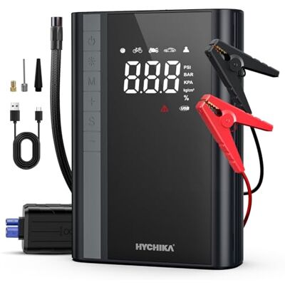 HYCHIKA BETTER TOOLS FOR BETTER LIFE HYCHIKA Starthjälp powerbank med kompressor för personbilar – booster bil starthjälp powerbank med kompressor, autostart-powerpack, LED-ficklampa, Jump Starter powerbank upp till 6 l bensin och 10 l HYCHIKA BETTER TOOLS FOR BETTER LIFE HYCHIKA Starthjälp powerbank med kompressor för personbilar – booster bil starthjälp powerbank med kompressor, autostart-powerpack, LED-ficklampa, Jump Starter powerbank upp till 6 l bensin och 10 l