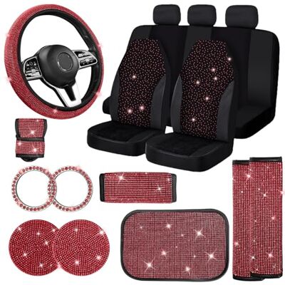 Jusen 17-pack bilsätesöverdrag med bling, set, biltillbehör med diamanter, strass, kristaller, rattskydd, sammet, ventilerande (röd, halv blingdel) Jusen 17-pack bilsätesöverdrag med bling, set, biltillbehör med diamanter, strass, kristaller, rattskydd, sammet, ventilerande (röd, halv blingdel)