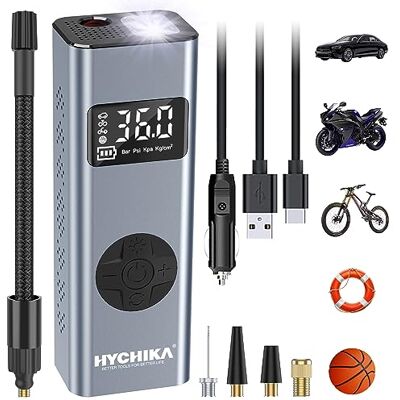HYCHIKA BETTER TOOLS FOR BETTER LIFE HYCHIKA bärbar luftpump 12V 6000mAh uppladdningsbar I50PSI elektrisk kompresso, bärbar cykelpump med LED-lampa och omkopplingsbar manometer (PSI/BAR/KPA/KG/cm²), 5 tillbehör HYCHIKA BETTER TOOLS FOR BETTER LIFE HYCHIKA bärbar luftpump 12V 6000mAh uppladdningsbar I50PSI elektrisk kompresso, bärbar cykelpump med LED-lampa och omkopplingsbar manometer (PSI/BAR/KPA/KG/cm²), 5 tillbehör