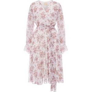 Swing Fashion vit och beige, luftig, långärmad midiklänning med blommor från Freja Storlek 38, Beige, 38 Swing Fashion vit och beige, luftig, långärmad midiklänning med blommor från Freja Storlek 38, Beige, 38
