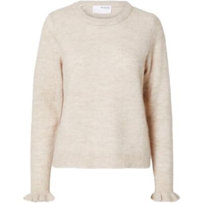 SELECTED FEMME SLFLULU LS stickad frill manschett O-hals NOOS, Björk/detalj: melerad, S SELECTED FEMME SLFLULU LS stickad frill manschett O-hals NOOS, Björk/detalj: melerad, S