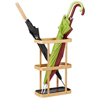 Relaxdays paraplyställ i bambu, paraplyhållare med metaluppsamlingsskål, HxBxD: 45 x 29,5 x 15 cm, naturlig Relaxdays paraplyställ i bambu, paraplyhållare med metaluppsamlingsskål, HxBxD: 45 x 29,5 x 15 cm, naturlig