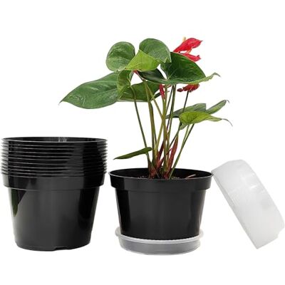 RooTrimmer 8 tum blomkrukor i plast, 12-pack planteringskrukor med klara fat för växter som växer inomhus/utomhus för dekoration (svart färg) RooTrimmer 8 tum blomkrukor i plast, 12-pack planteringskrukor med klara fat för växter som växer inomhus/utomhus för dekoration (svart färg)