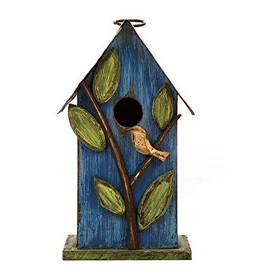 Glitzhome 24,7 cm H hängande fågelhus för utomhus uteplats trädgård dekorativ husdjur stuga sliten trä fågelholk, blå löv Glitzhome 24,7 cm H hängande fågelhus för utomhus uteplats trädgård dekorativ husdjur stuga sliten trä fågelholk, blå löv