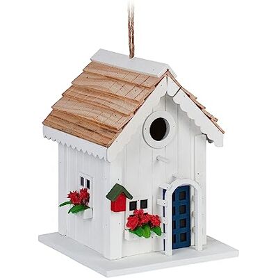 Relaxdays Deco fågelhus, lantlig stil, trä, för upphängning, H x B x D: 23,5 x 18 x 18 cm, fågelvilla för trädgård, vit Relaxdays Deco fågelhus, lantlig stil, trä, för upphängning, H x B x D: 23,5 x 18 x 18 cm, fågelvilla för trädgård, vit