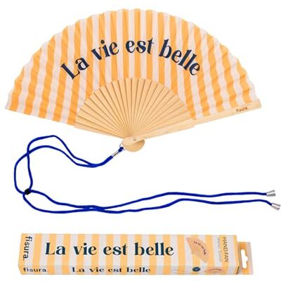 FISURA – Original fläkt med budskap "La Vie EST Belle. Modern och färgglad träfläkt. Gul randig handfläkt. Hänge ingår, rolig presentidé 42,5 x 23 cm FISURA – Original fläkt med budskap "La Vie EST Belle. Modern och färgglad träfläkt. Gul randig handfläkt. Hänge ingår, rolig presentidé 42,5 x 23 cm