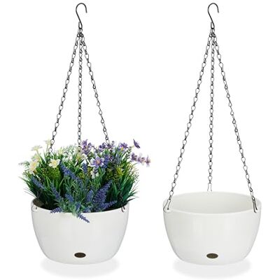 Relaxdays Blomampel med vattenbehållare, set om 2, H x D 60 x 24 cm, utomhus och inomhus, hängande blomkruka, plast, vit Relaxdays Blomampel med vattenbehållare, set om 2, H x D 60 x 24 cm, utomhus och inomhus, hängande blomkruka, plast, vit