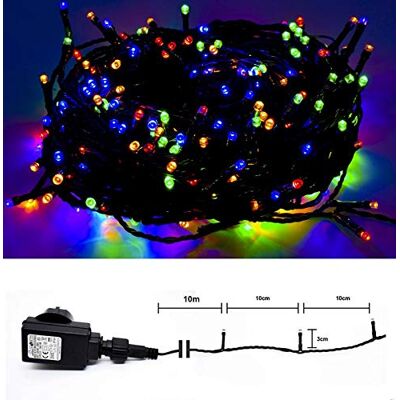 SHS LED-ljuskedja för inomhus- och utomhusbruk – 200 LED färgglad – grön kabel – 10 m matningskabel – transformator IP44 DEKRA GS-testad SHS LED-ljuskedja för inomhus- och utomhusbruk – 200 LED färgglad – grön kabel – 10 m matningskabel – transformator IP44 DEKRA GS-testad