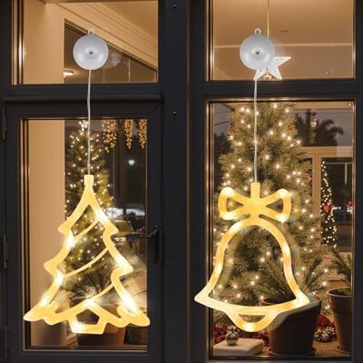 LEDYA LED-julfönsterlampa med klocka och julgran, gnistrande julgardin med timer, hängande lampor för juldekoration, för inomhus och utomhus, batteridriven (varmvit) LEDYA LED-julfönsterlampa med klocka och julgran, gnistrande julgardin med timer, hängande lampor för juldekoration, för inomhus och utomhus, batteridriven (varmvit)