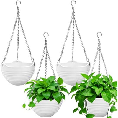 Cshangzei 4 st 20 cm hängande planteringskrukor, självvattnande rund hängande korg med vattenbricka och metallkedja, suckulent blomväxt krukbehållare för inomhus utomhus trädgård balkong väggdekor, vit Cshangzei 4 st 20 cm hängande planteringskrukor, självvattnande rund hängande korg med vattenbricka och metallkedja, suckulent blomväxt krukbehållare för inomhus utomhus trädgård balkong väggdekor, vit