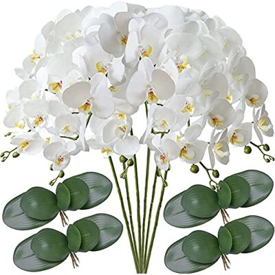 FagusHome 81 cm konstgjorda Phalaenopsis blommor 6 st med 4 buntar löv konstgjorda orkidéblommor stjälk växter för heminredning (6 st) FagusHome 81 cm konstgjorda Phalaenopsis blommor 6 st med 4 buntar löv konstgjorda orkidéblommor stjälk växter för heminredning (6 st)