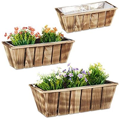 Relaxdays Blomlåda uppsättning av 3, planteringslådor i 3 storlekar, flammat trä, planteringskärl med folie, inomhus och utomhus, brun Relaxdays Blomlåda uppsättning av 3, planteringslådor i 3 storlekar, flammat trä, planteringskärl med folie, inomhus och utomhus, brun