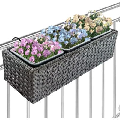 BAKAJI Blomlåda rottingeffekt med krokar och ringar för balkong, blomkruka för balkong och bord, för utomhusbruk och inomhus, stativ med 3 fack UV-beständig, 49 x 19 x 15 cm BAKAJI Blomlåda rottingeffekt med krokar och ringar för balkong, blomkruka för balkong och bord, för utomhusbruk och inomhus, stativ med 3 fack UV-beständig, 49 x 19 x 15 cm