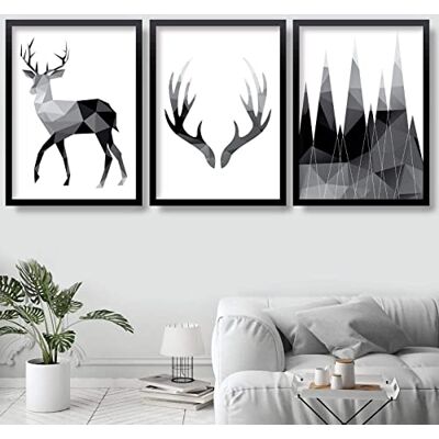 ARTZE Wall Art Geometrisk monokrom hjorthorn och berg konsttryck 3-delat set, 40 cm bredd x 50 cm höjd, svart/grå ARTZE Wall Art Geometrisk monokrom hjorthorn och berg konsttryck 3-delat set, 40 cm bredd x 50 cm höjd, svart/grå