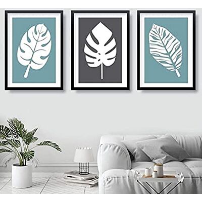 ARTZE Wall Art Konsttryck tropiska monstera löv 3-delat set, A3-storlek, blågrå/vit ARTZE Wall Art Konsttryck tropiska monstera löv 3-delat set, A3-storlek, blågrå/vit