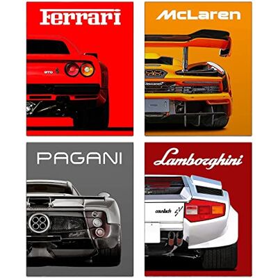 NIIORTY Moderna bilaffischer klassisk superbil väggkonsttryck, cool racing Ferrari Lamborghini McLaren Pagani kanvas affischer för man grotta pojkar rum väggdekor, sportbil konsttryck, set med 4 (20 x 25 cm NIIORTY Moderna bilaffischer klassisk superbil väggkonsttryck, cool racing Ferrari Lamborghini McLaren Pagani kanvas affischer för man grotta pojkar rum väggdekor, sportbil konsttryck, set med 4 (20 x 25 cm