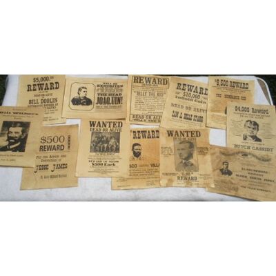 Collectible Badges Uppsättning av 12 reproduktion Old West Wanted Reward-affischer av samlarmärken Collectible Badges Uppsättning av 12 reproduktion Old West Wanted Reward-affischer av samlarmärken