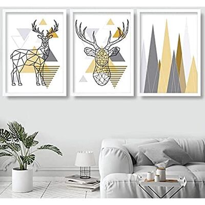 ARTZE Wall Art Geometriska trianglar och Poly Line hjort med berg konsttryck 3-delat set, 30 cm bredd x 40 cm höjd, gul/grå ARTZE Wall Art Geometriska trianglar och Poly Line hjort med berg konsttryck 3-delat set, 30 cm bredd x 40 cm höjd, gul/grå